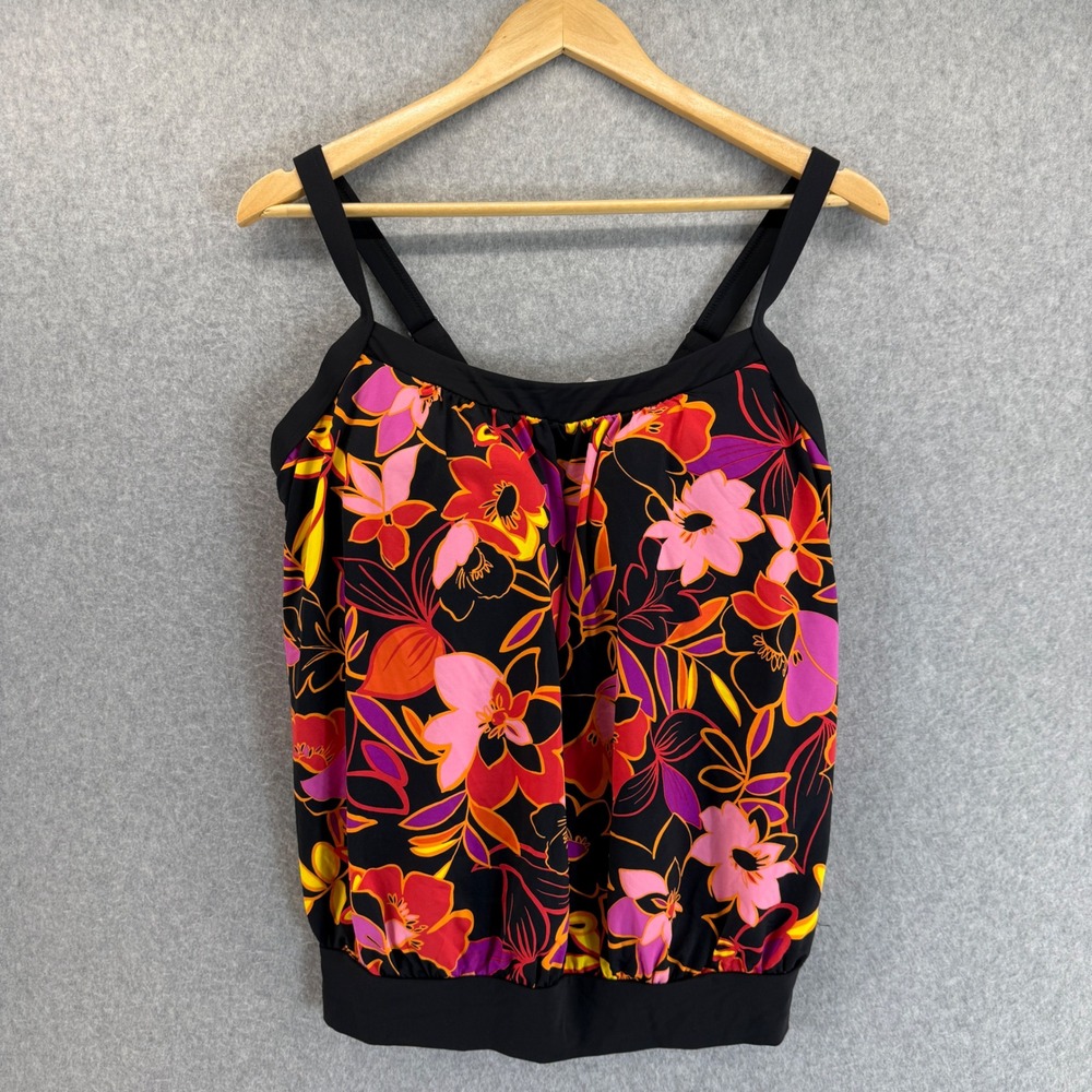 Lands End Black Red Floral Tankini Top Swim Top Poppy Jungle Womens Size 12 DD
